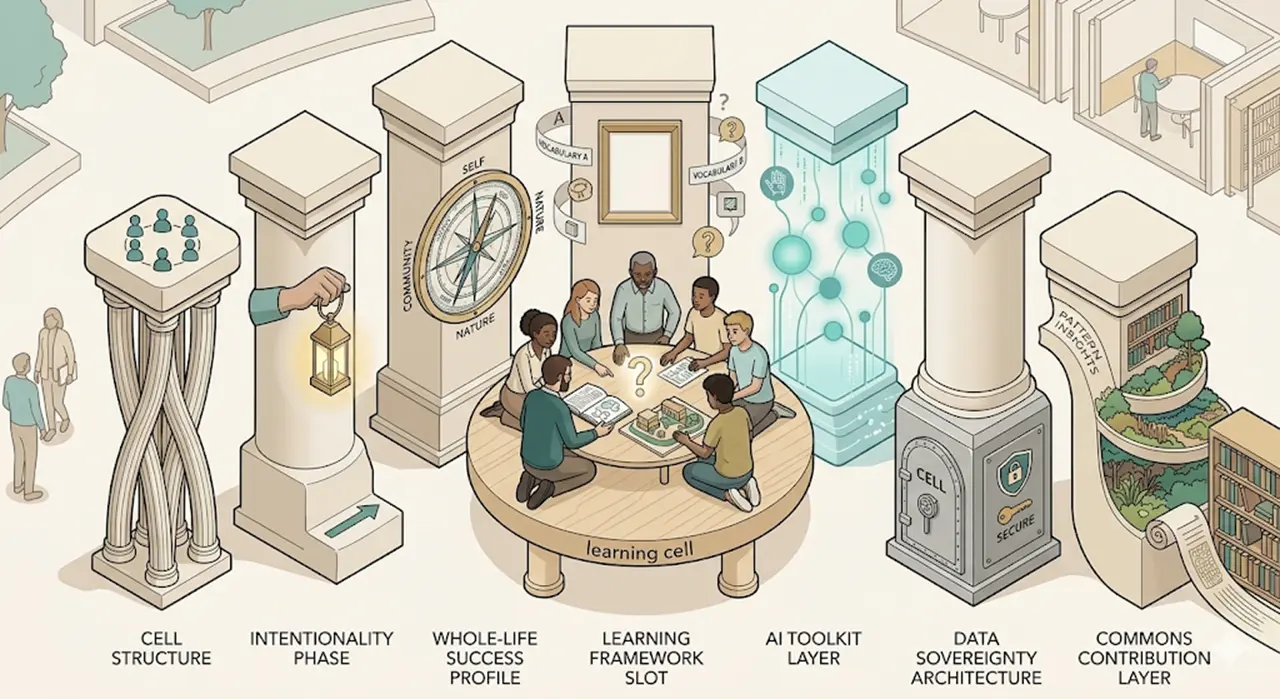 Seven structural pillars supporting a mentor-led learning cell.